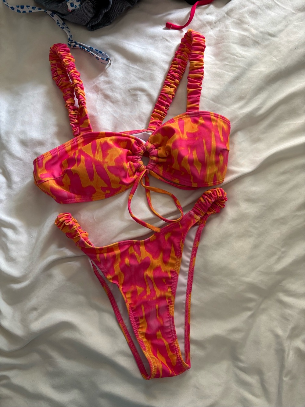 SHEIN Pink & Orange Tie-Front Ruffle Strap Bikini